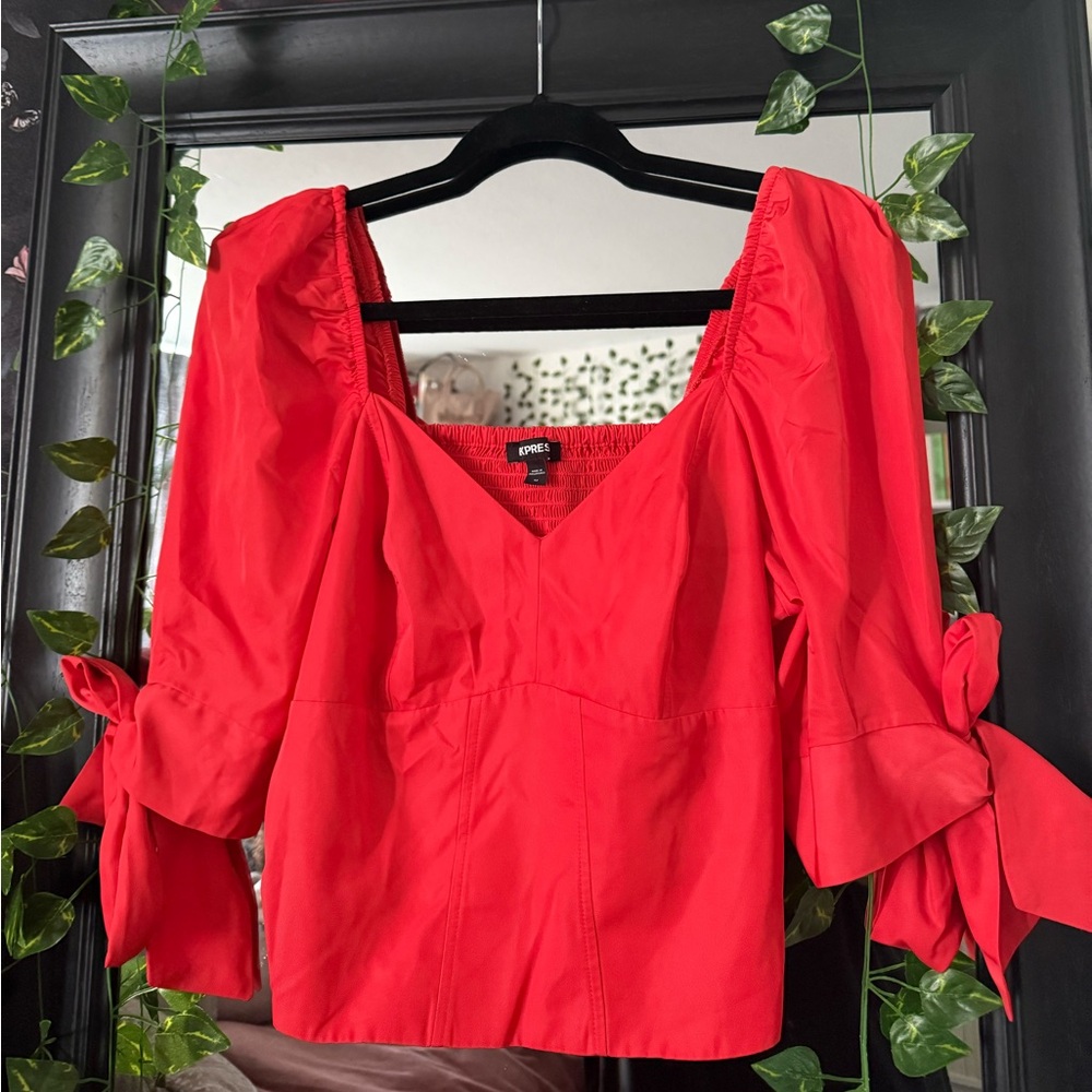 Express Neon Orange Crop Top with Bow Sleeves